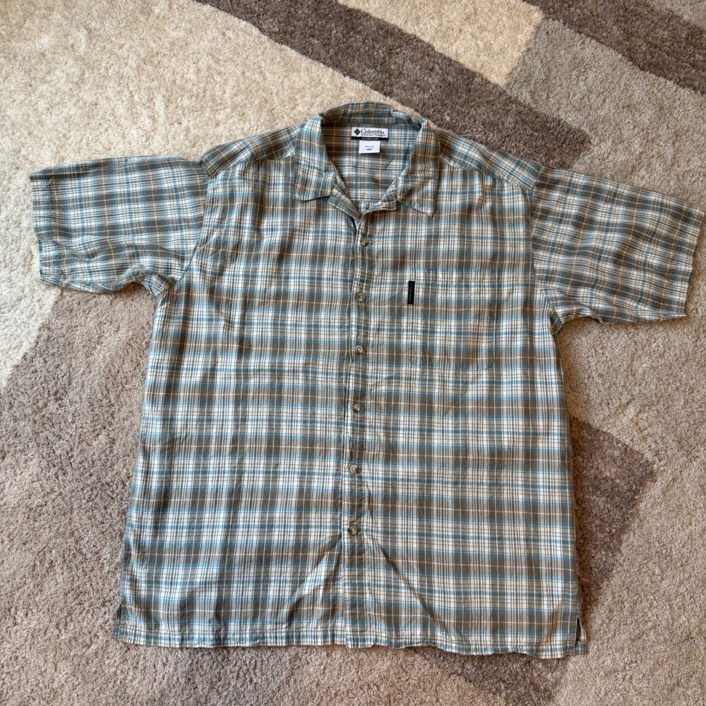 Columbia Mens XXL Plaid Short Sleeve Button Down‎ Shirt Blue Tan Cotton XM7120